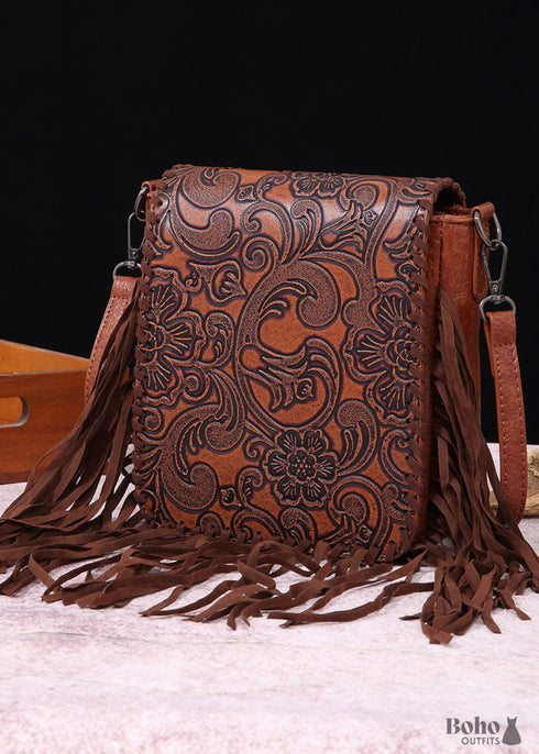 Boho Leather Carved Shoulder Bag